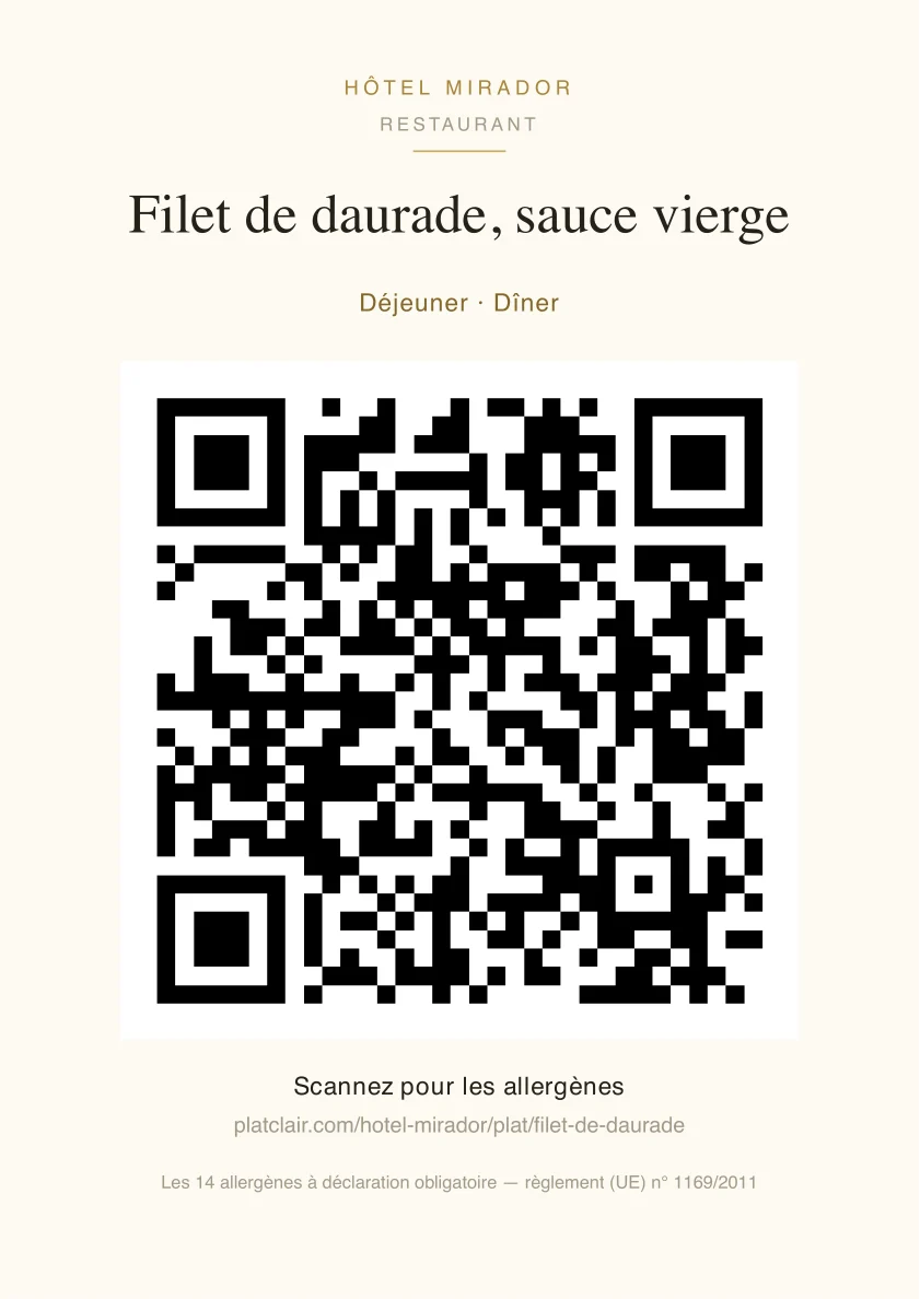 Affiche imprimable avec le nom du plat et son code QR