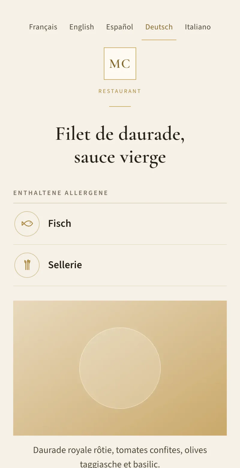Öffentliche Gerichtsseite mit den enthaltenen Allergenen