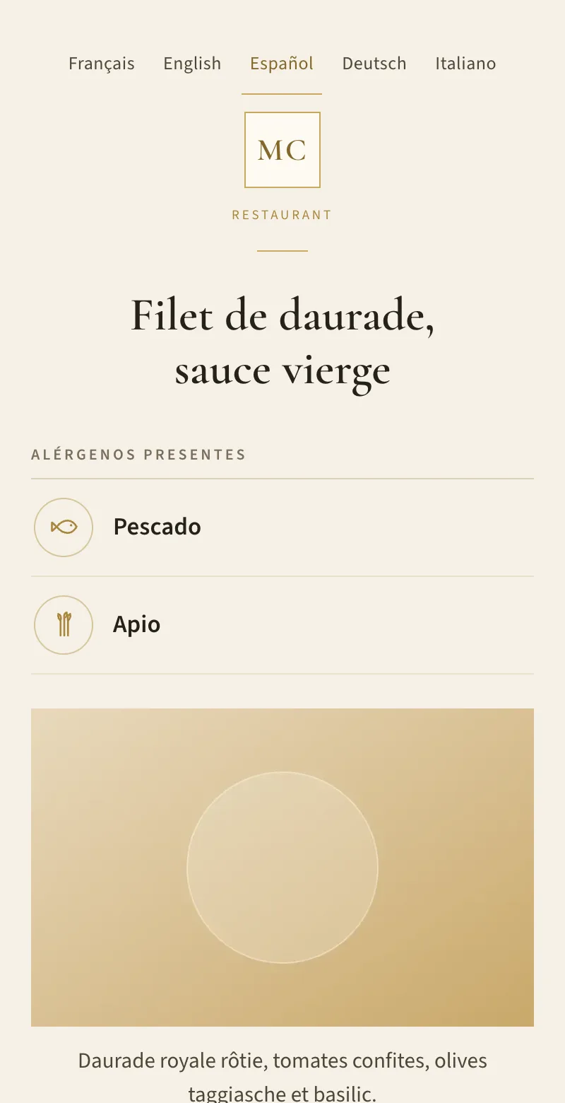 Ficha pública de un plato con los alérgenos presentes
