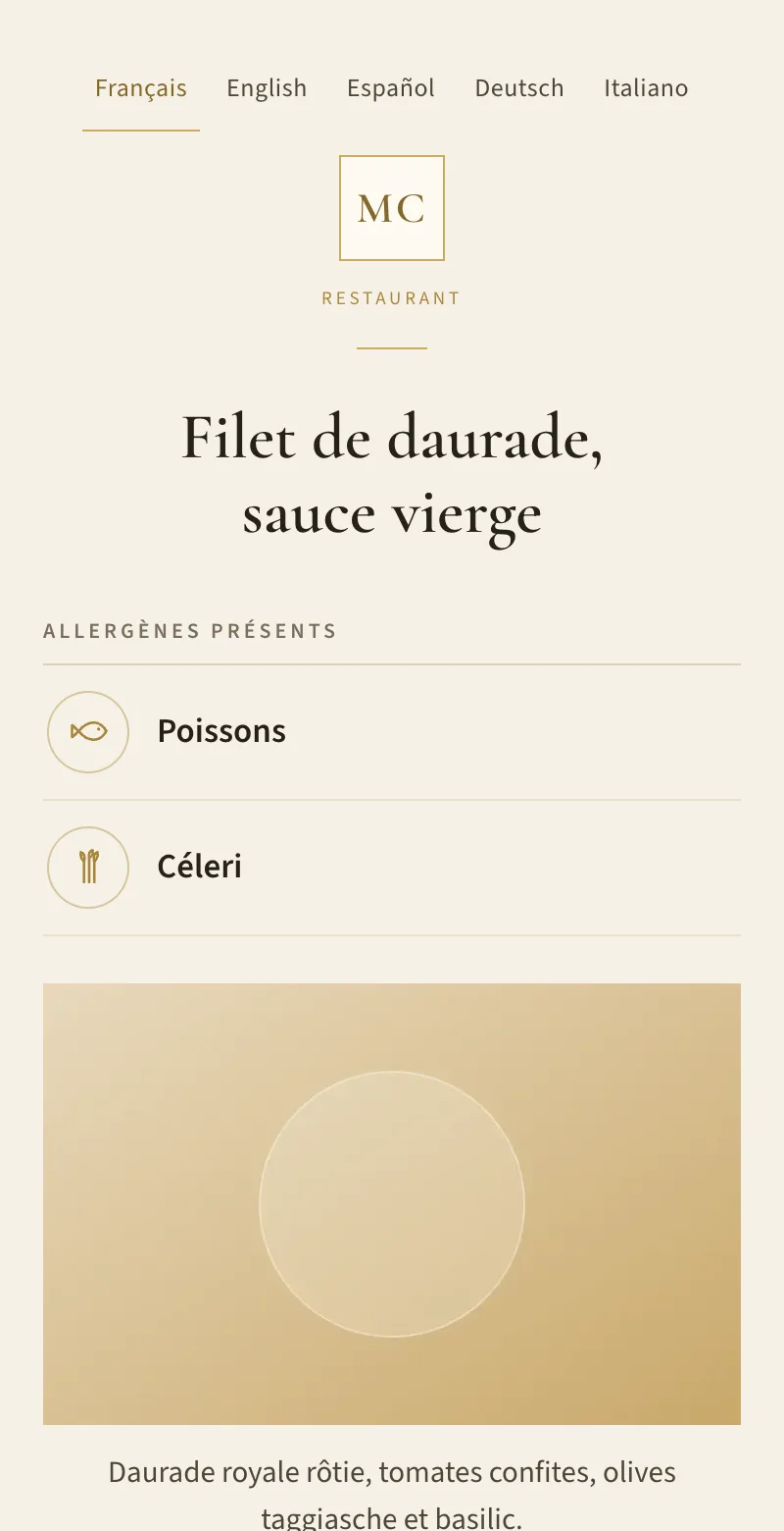 Fiche publique d’un plat affichant les allergènes présents