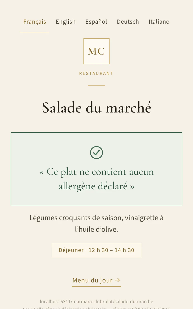 Fiche affichant « Ce plat ne contient aucun allergène déclaré »