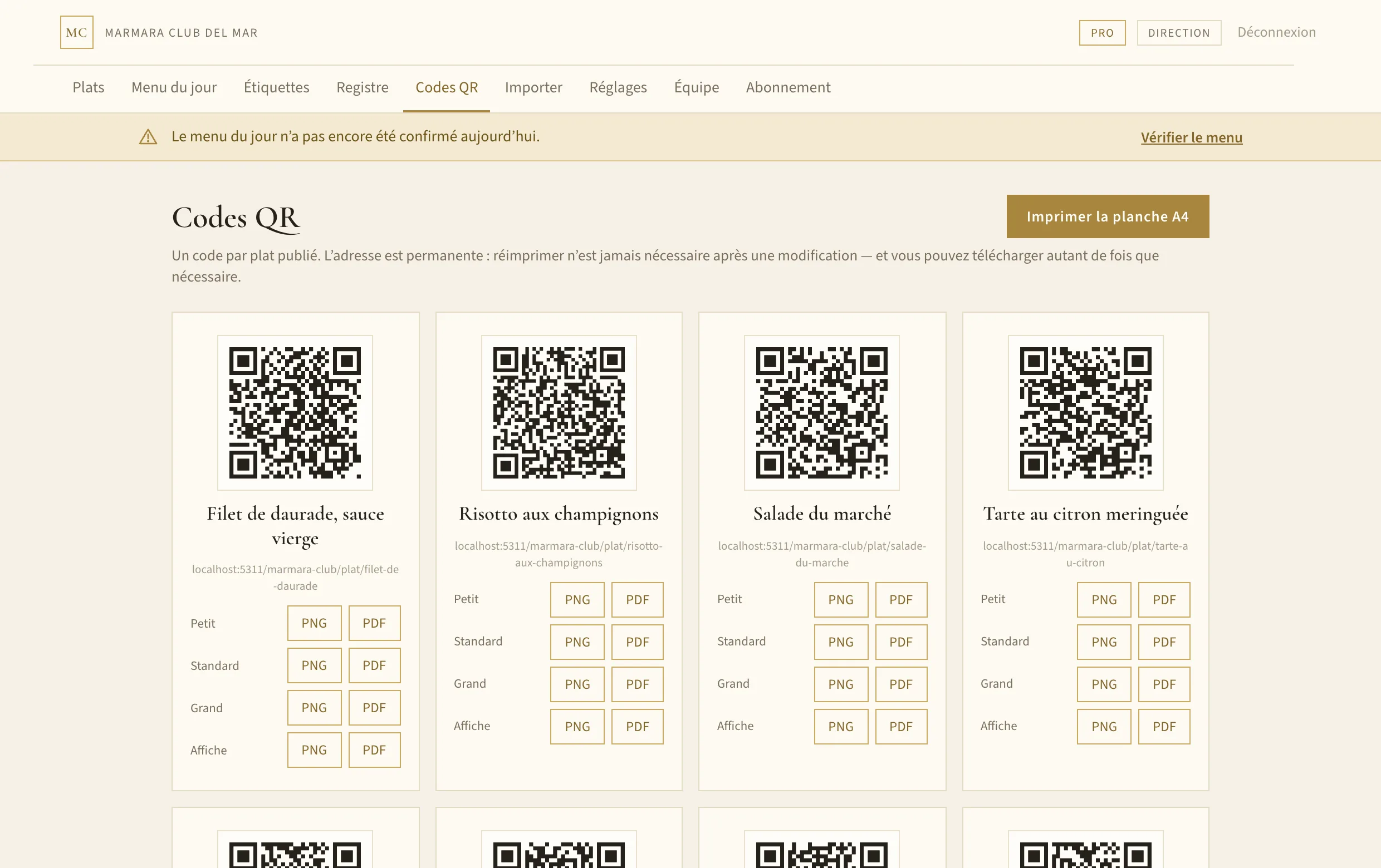 Codes QR : une carte par plat publié avec export PNG et PDF