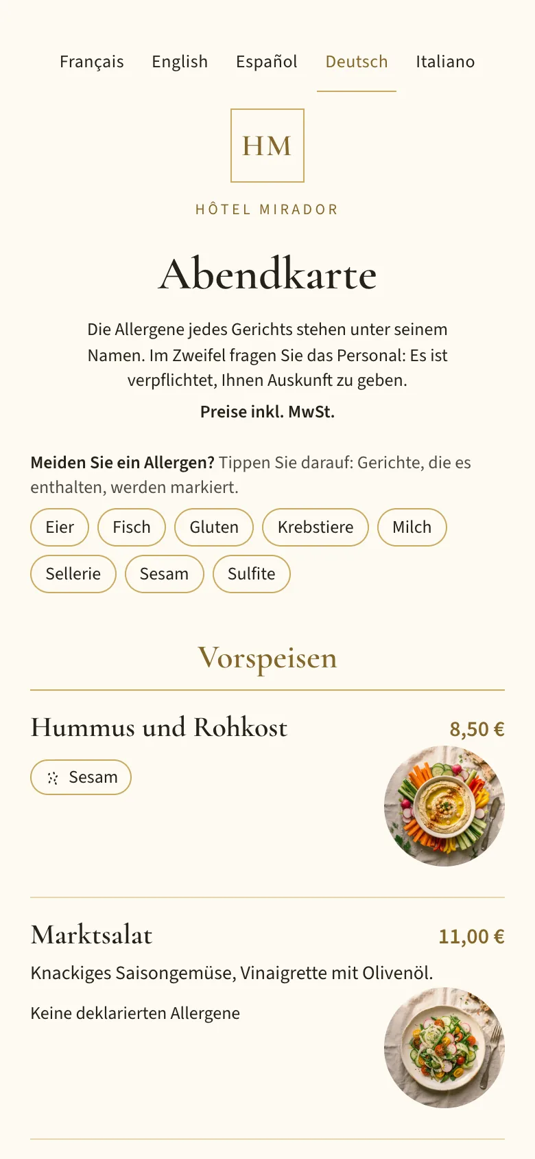 Die Abendkarte auf einem Handy, mit Allergenfilter und Gerichten