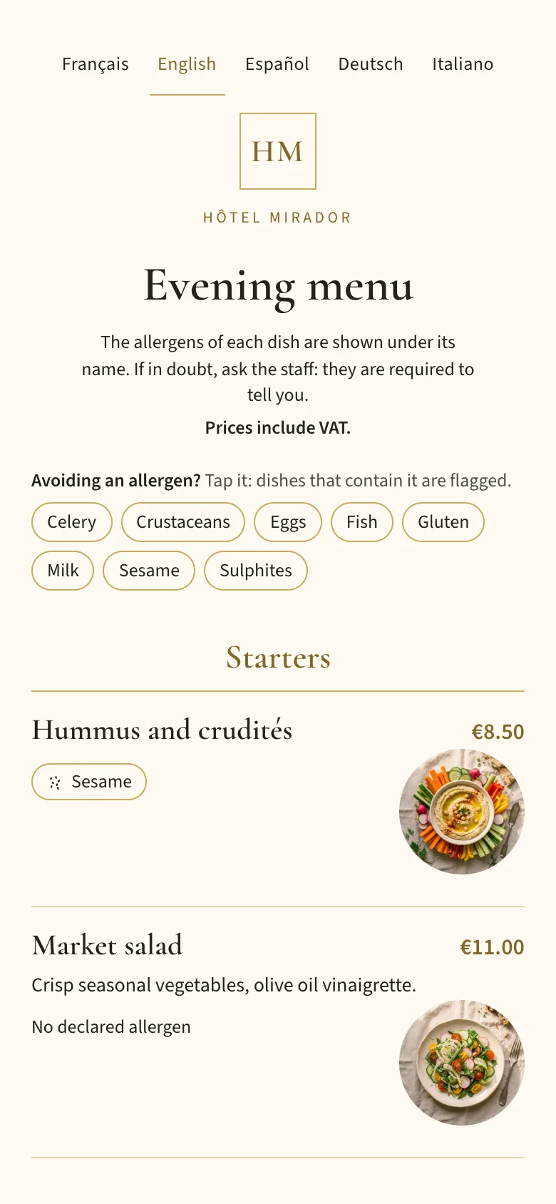 The evening menu on a phone, with the allergen filter and the dishes