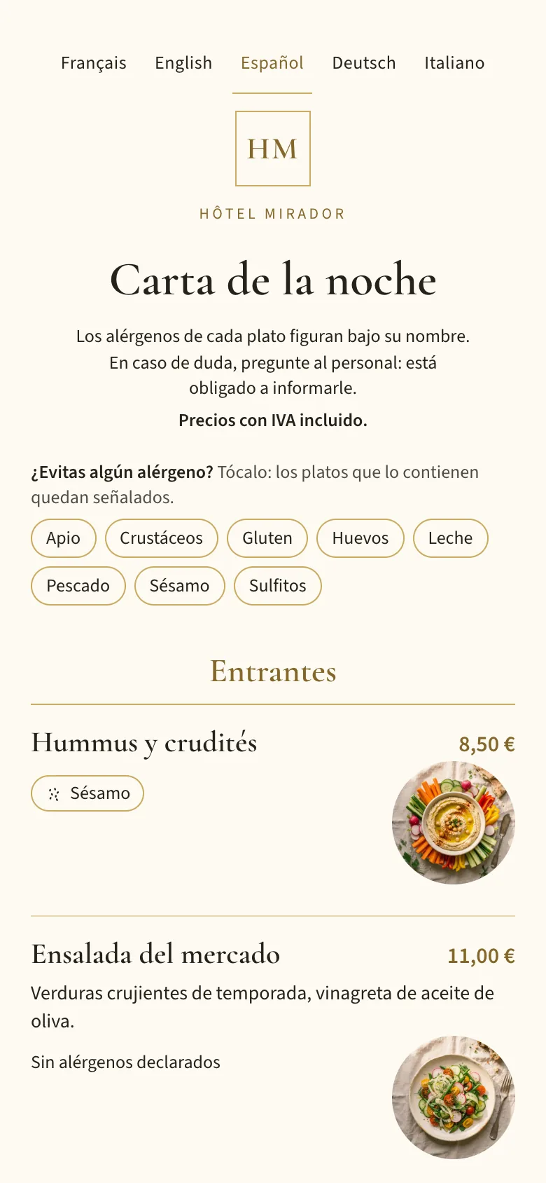 La carta de la noche en un móvil, con el filtro de alérgenos y los platos