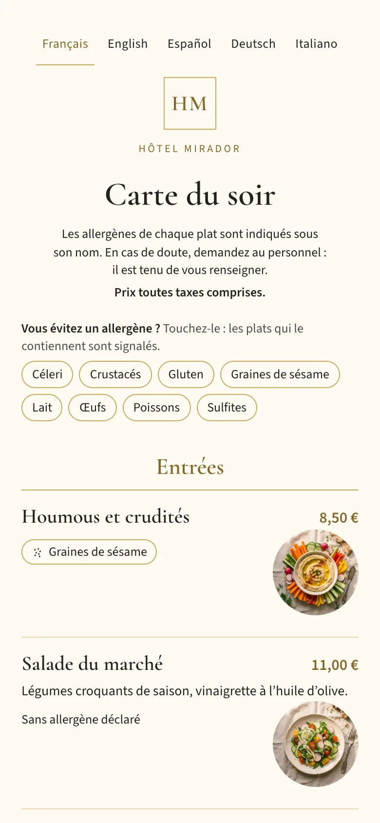 La carte du soir sur un téléphone, avec le filtre d’allergènes et les plats