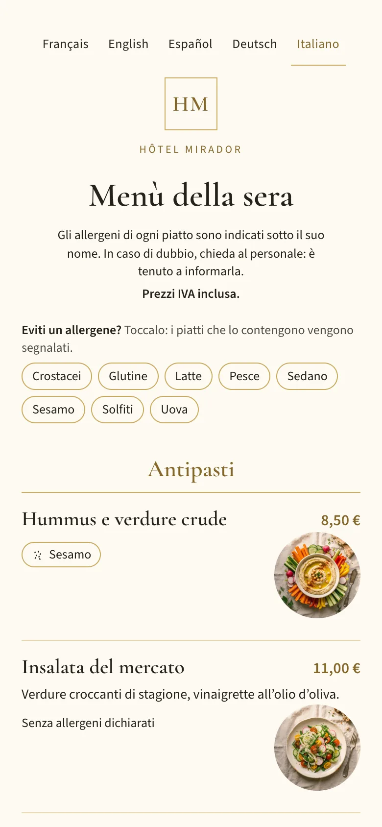 Il menù della sera su un telefono, con il filtro allergeni e i piatti