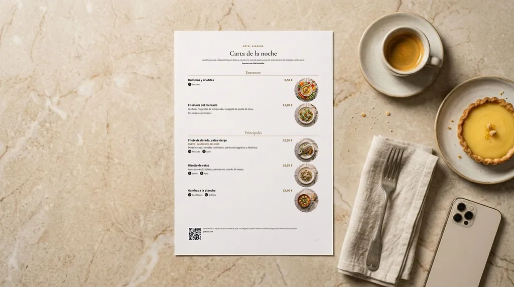 Carte A4 imprimée par Plat Clair, posée sur une table à côté d’un café