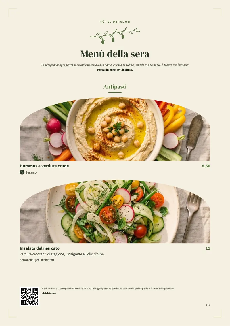 Carte crème en italien avec de grandes photos de plats