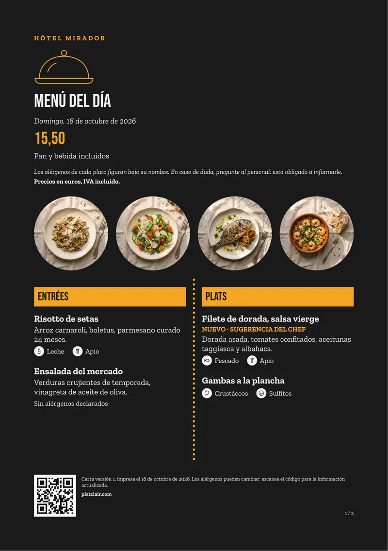 Menu du jour imprimé, fond noir, avec une bande de photos