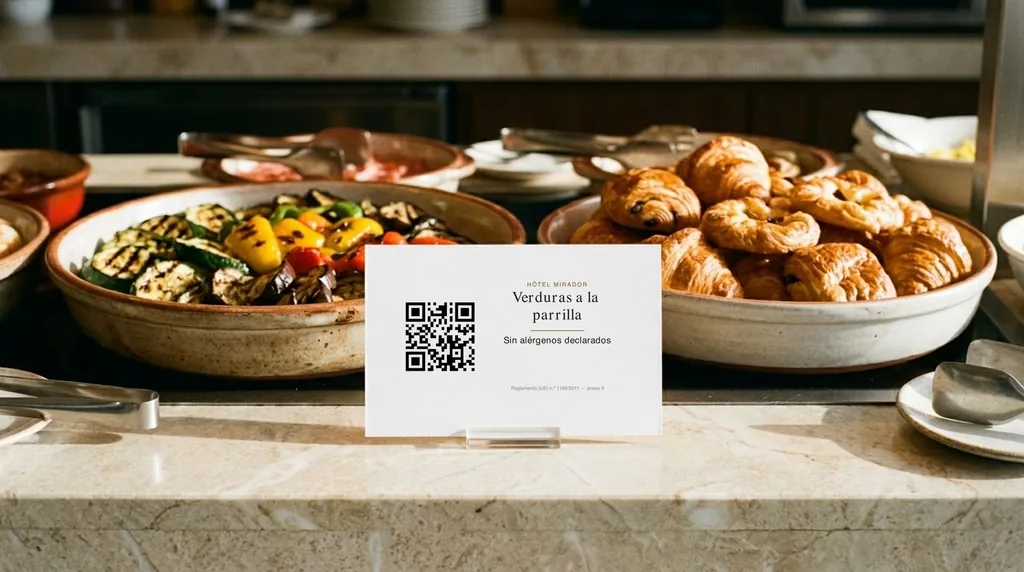 Étiquette de buffet imprimée « sans allergènes déclarés » devant un plat de légumes grillés