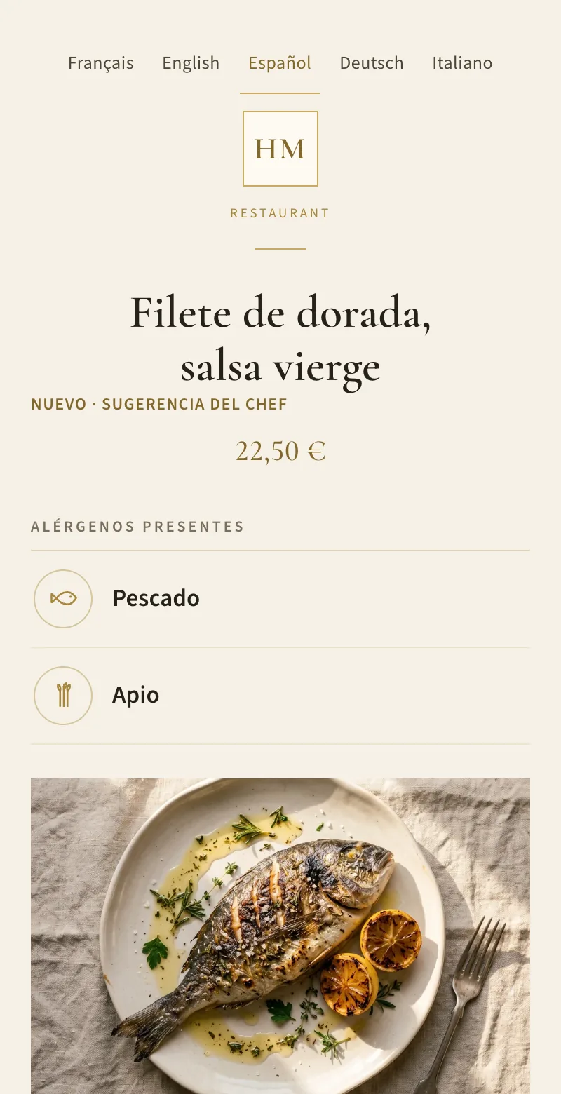 Fiche d’un plat en Español