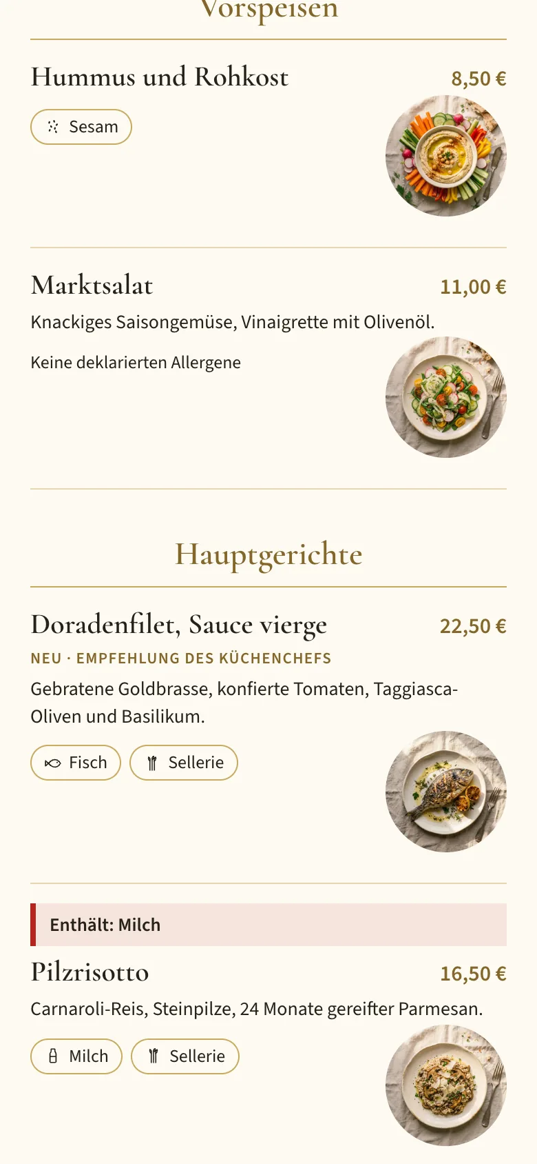 Die Online-Karte auf einem Handy, Milch beim Risotto markiert