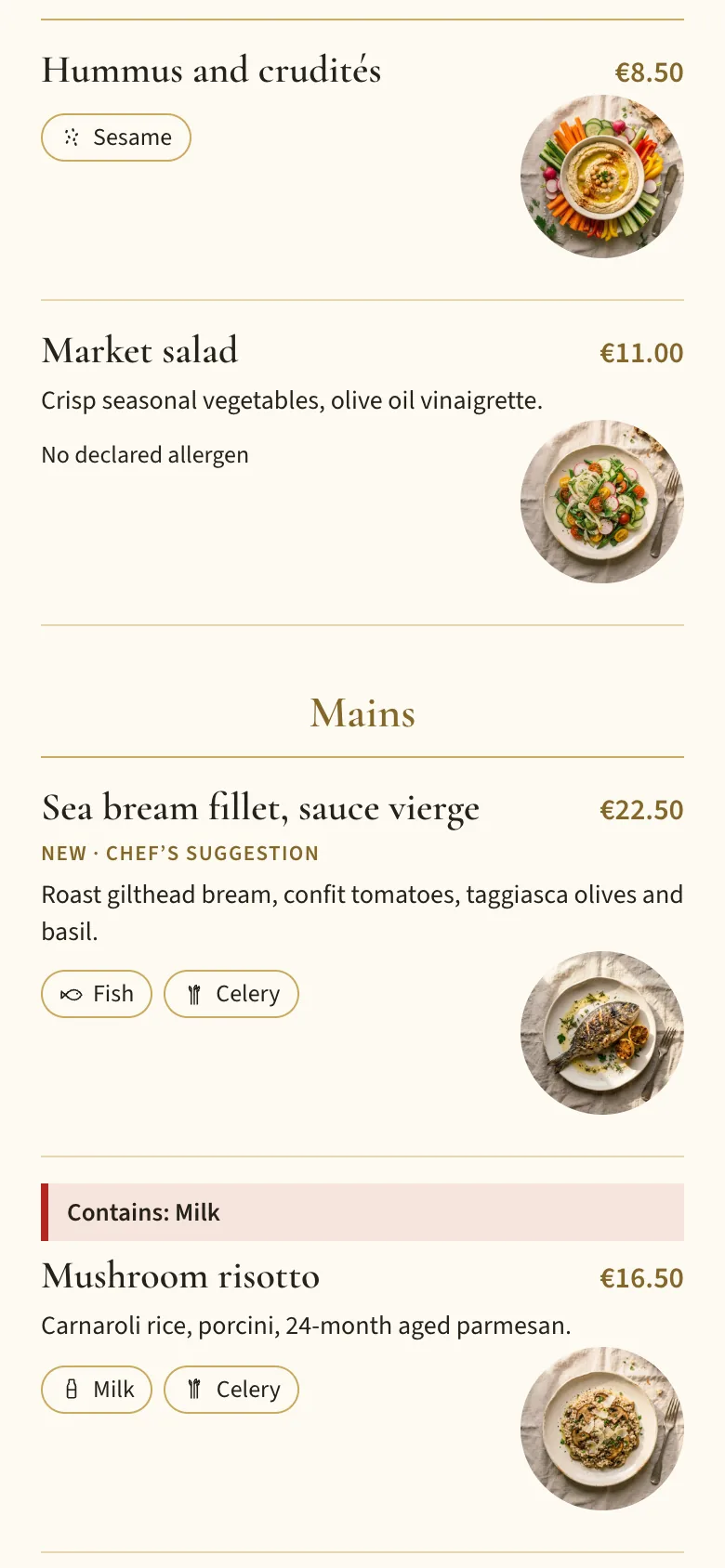 The online menu on a phone, with milk flagged on the risotto
