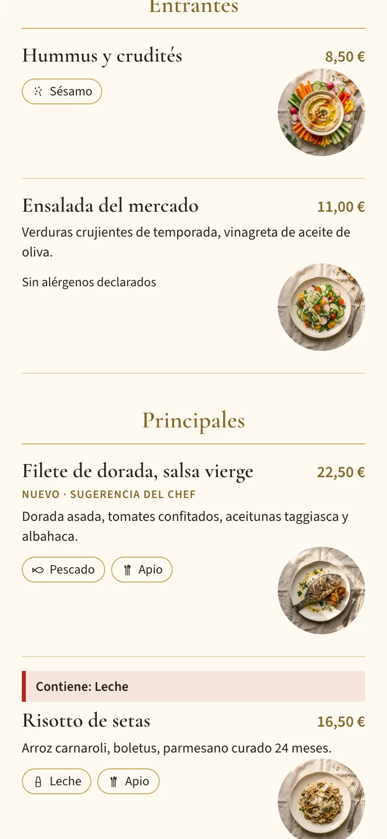 La carta en línea en un móvil, con la leche señalada en el risotto