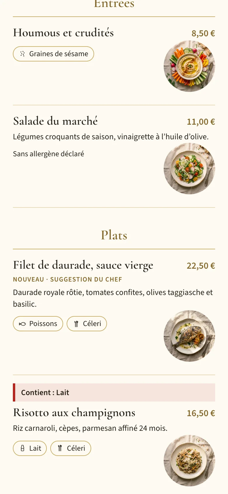 La carte en ligne sur un téléphone, avec le lait signalé sur le risotto