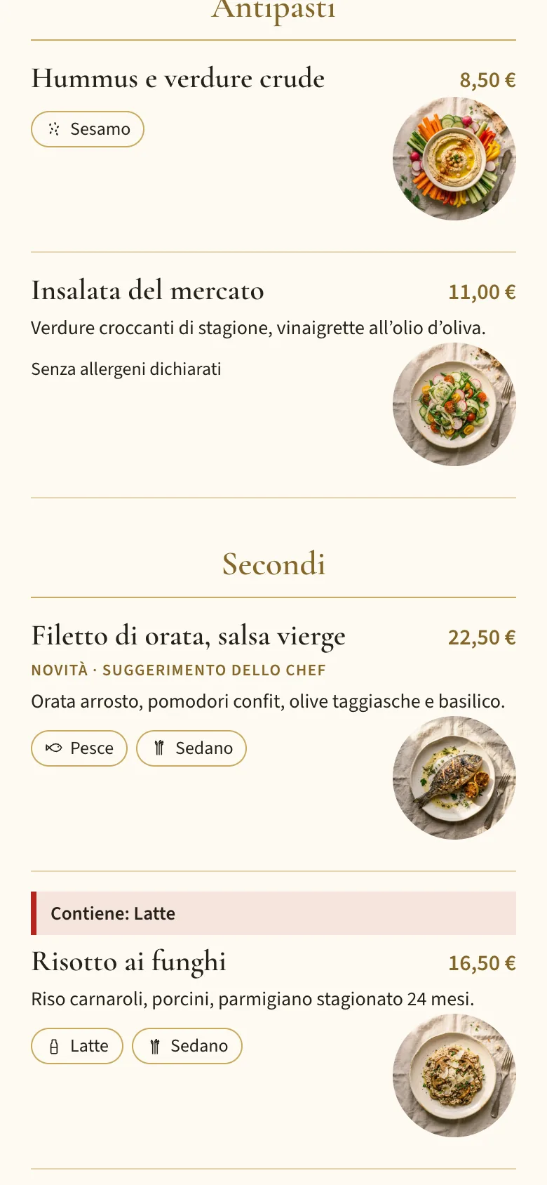 Il menù online su un telefono, con il latte segnalato sul risotto