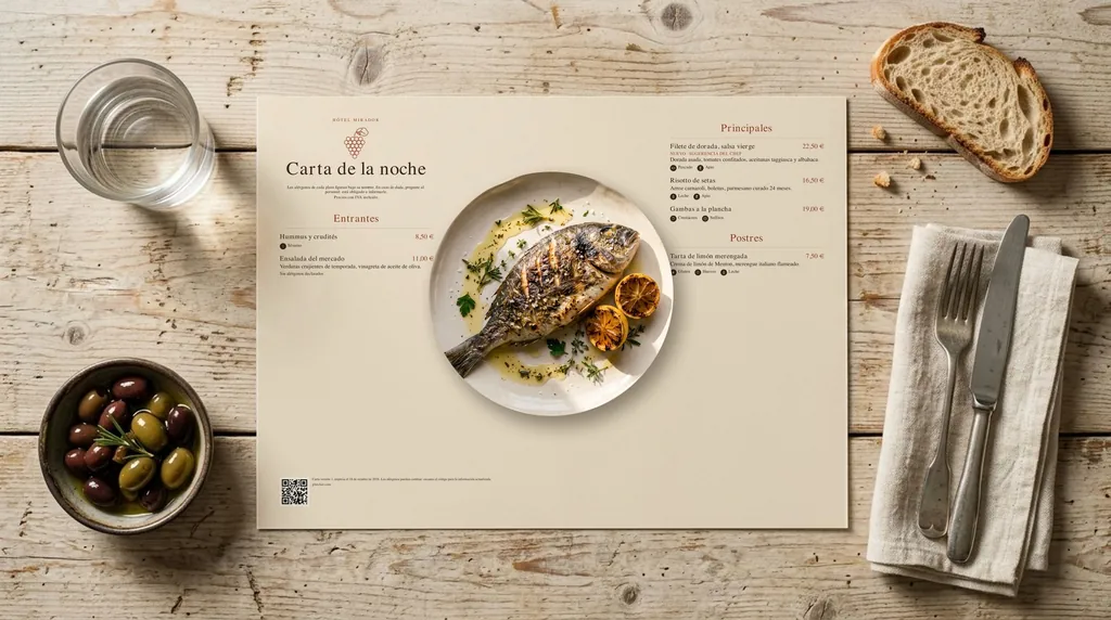 Set de table imprimé avec la carte du soir, une assiette de dorade posée dans le cercle prévu