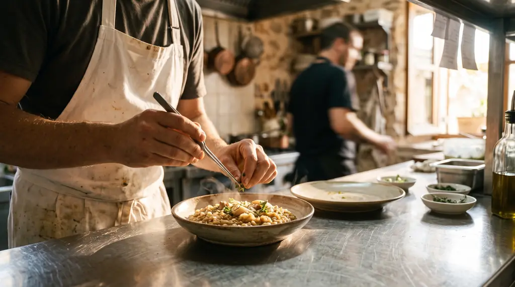 Un cuisinier dresse une assiette de risotto au passe